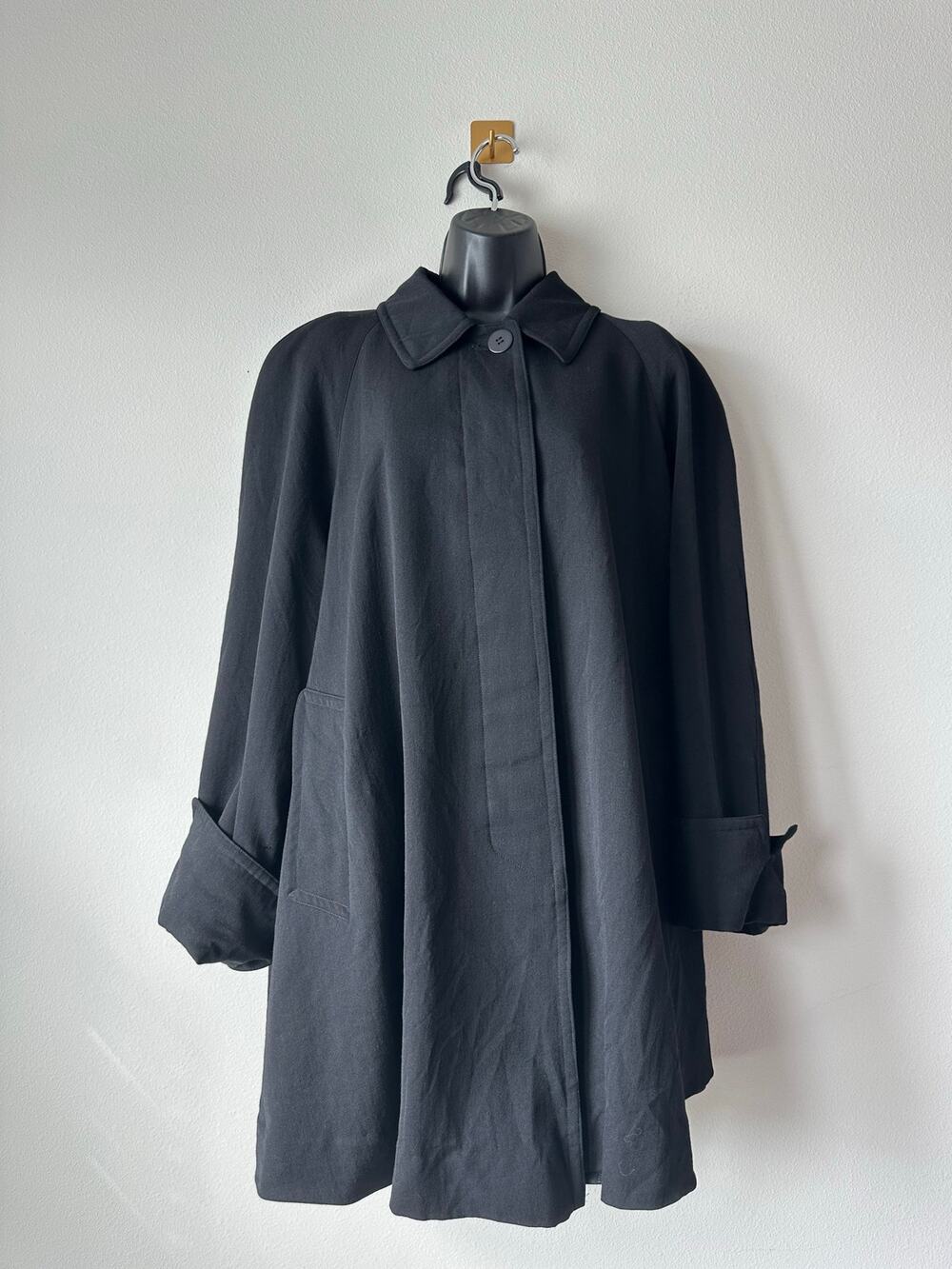 Vintage 80s Black Wool Swing Coat A-Line Trapeze Minimalist Carol Cohen